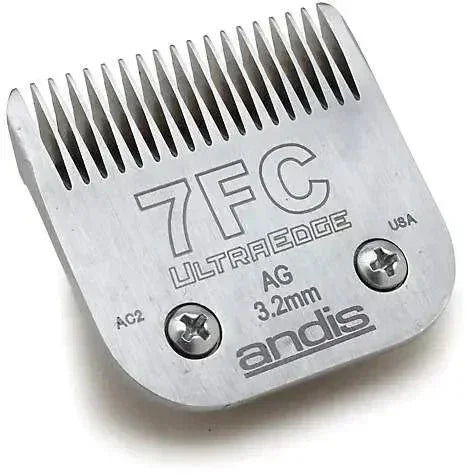 Dog grooming clipper blade 7FC for sharpening services, silver metal with fine teeth.