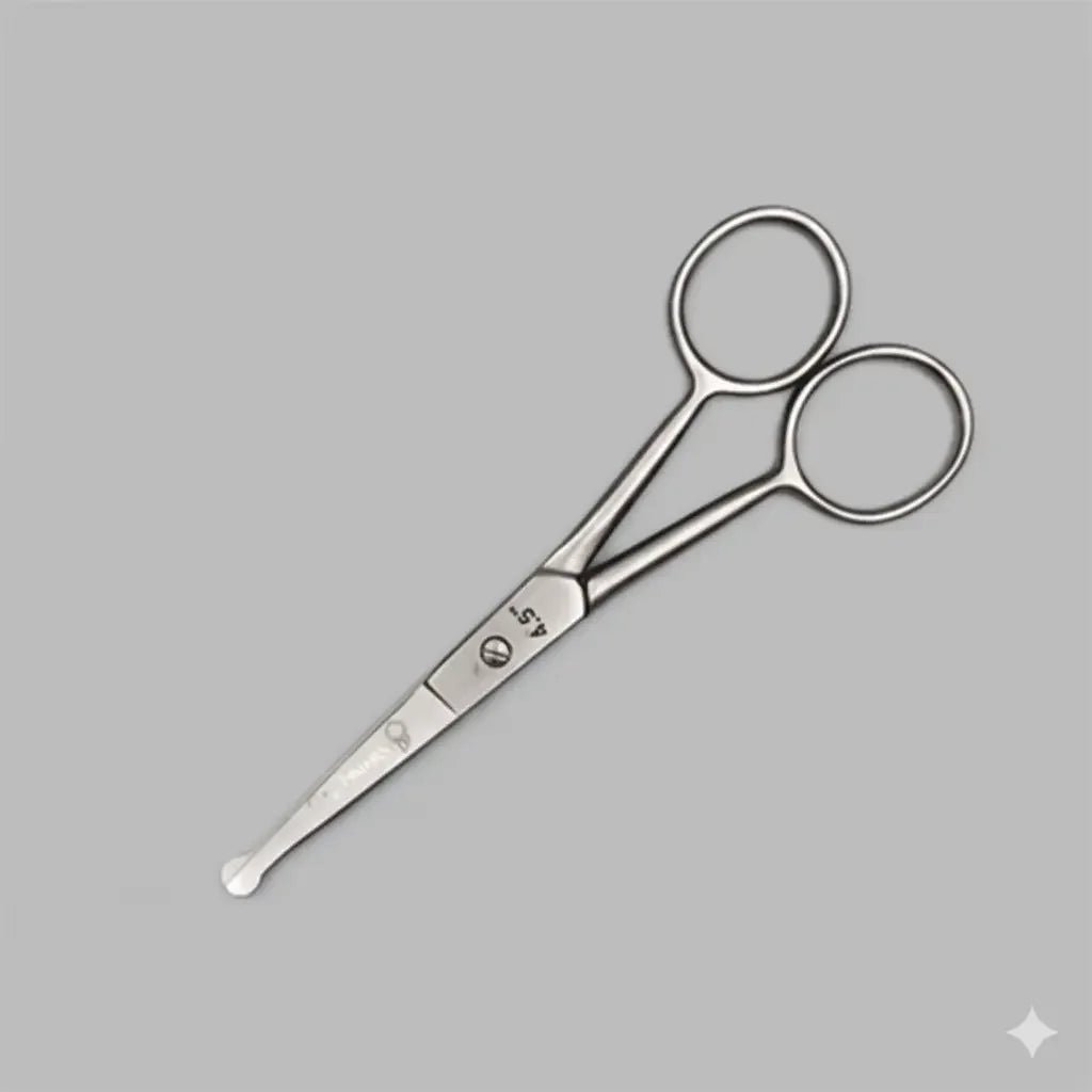 Silver grooming scissors with rounded tips on a plain gray background