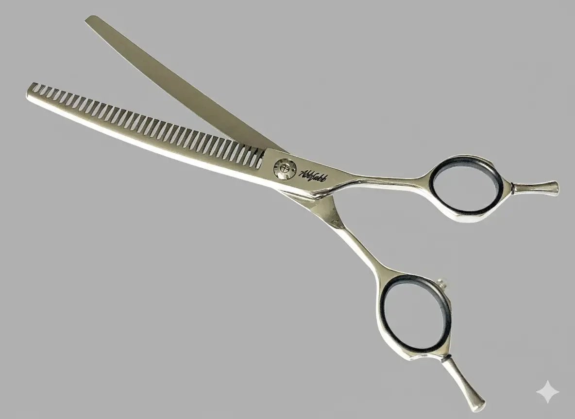 Silver thinning haircut scissors with black finger inserts on gray background