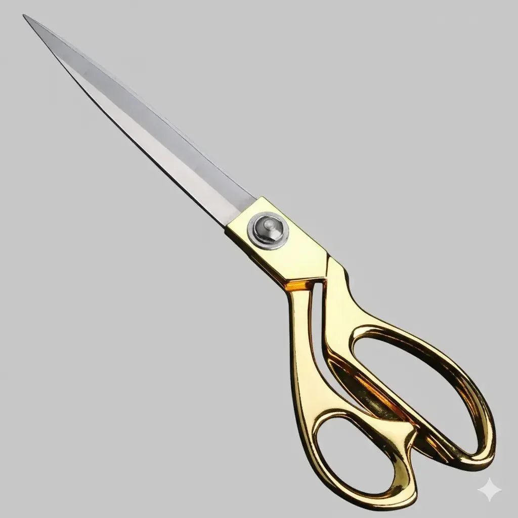 Sharp gold dressmaking scissors on a plain background, ideal for tailoring and sewing.