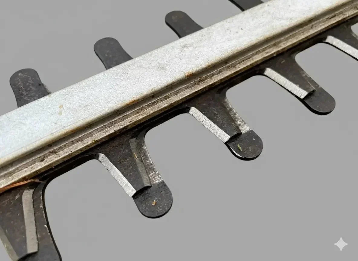 Close-up of sharpened hedge trimmer blade, professional blade sharpening service