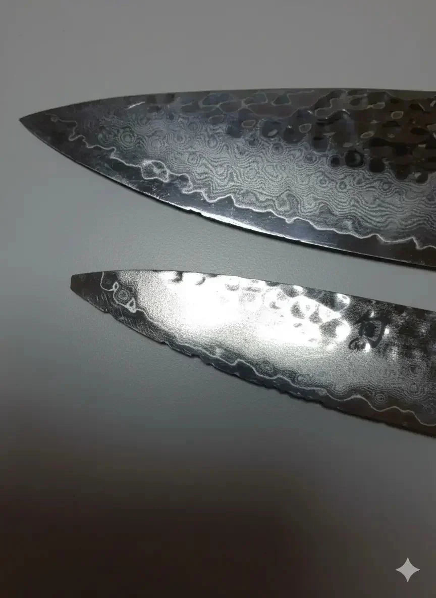Damascus steel kitchen knives with intricate patterns, ready for professional sharpening in Somerset