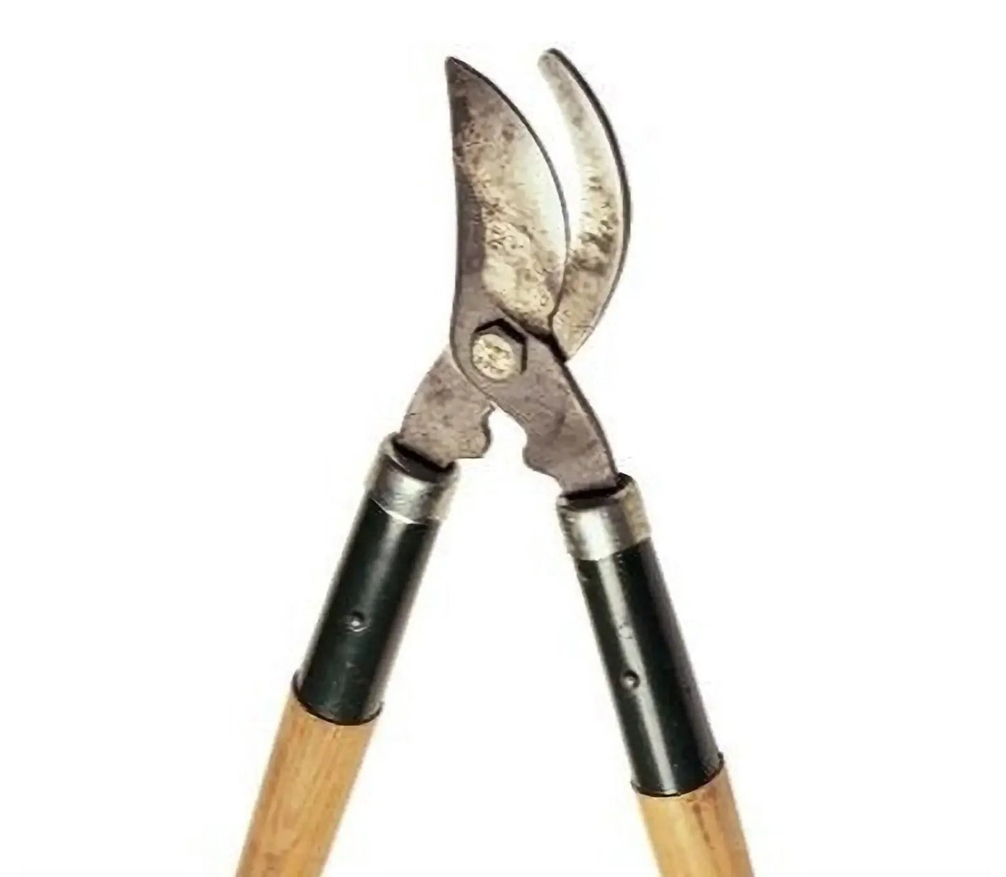 Close-up of vintage garden loppers with wooden handles and rusty metal blades