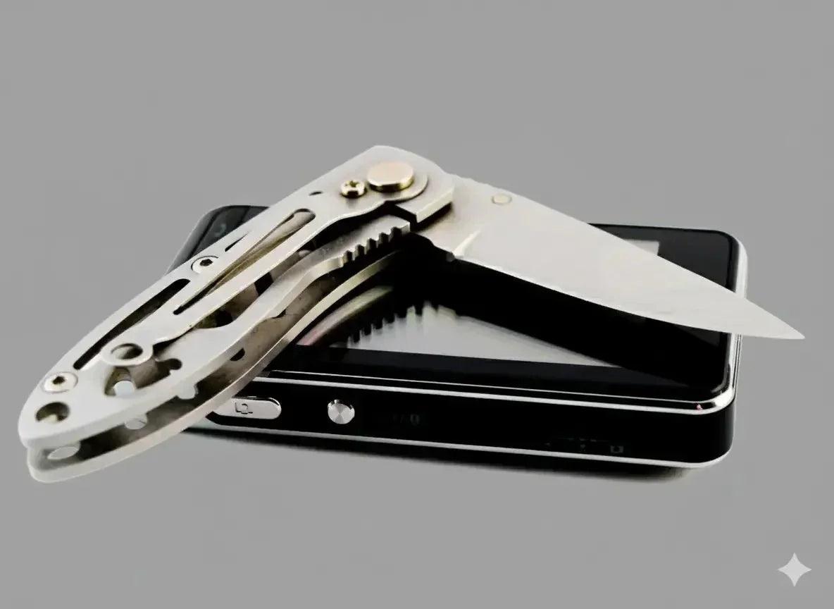 Sharp folding knife blade on smartphone, ideal for knife sharpening services in Somerset