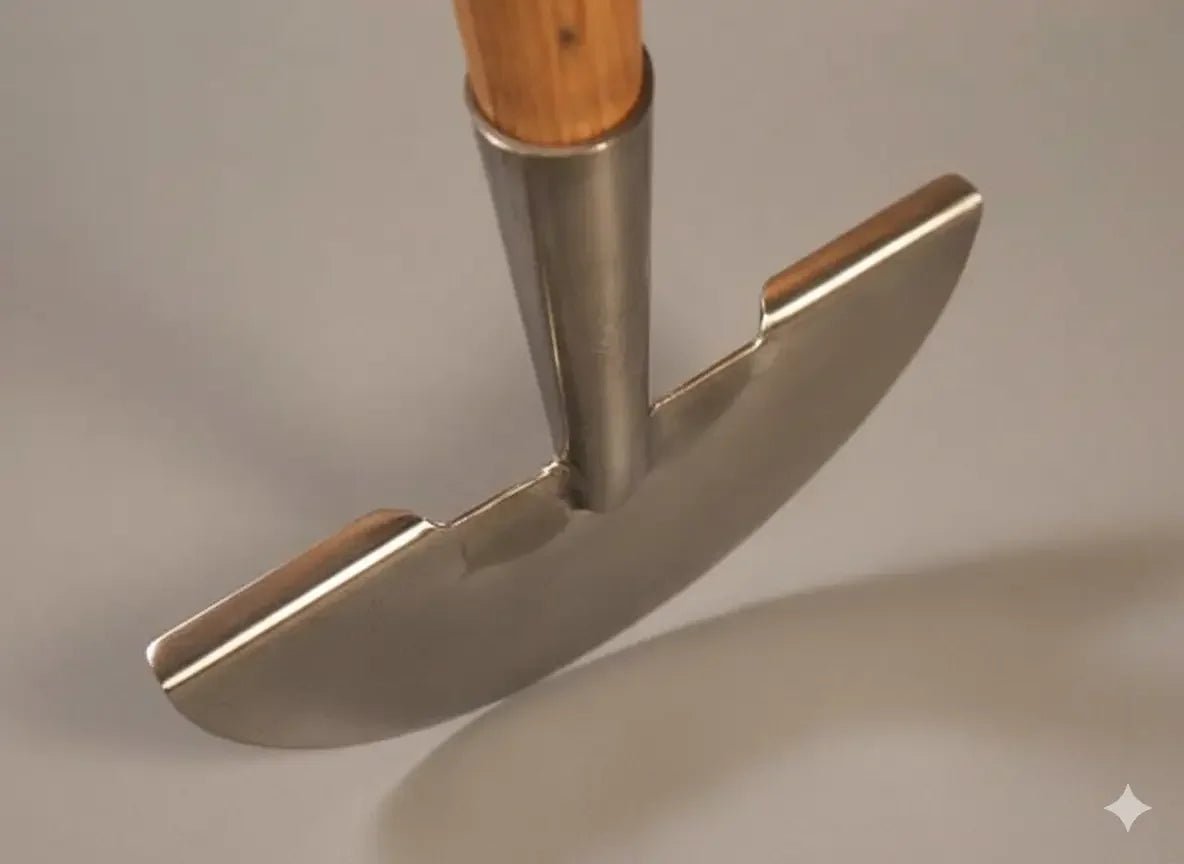 Close-up of a stainless steel lawn edger blade with a wooden handle on gray background