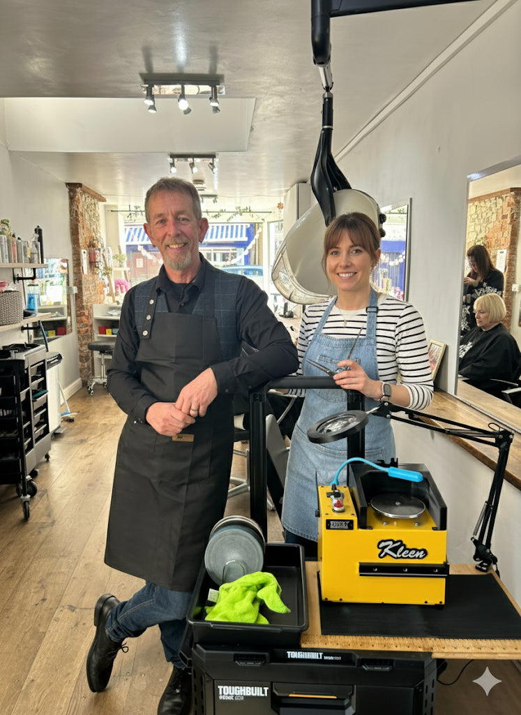Mobile sharpening station with stylist standing in her salon next to the technician 