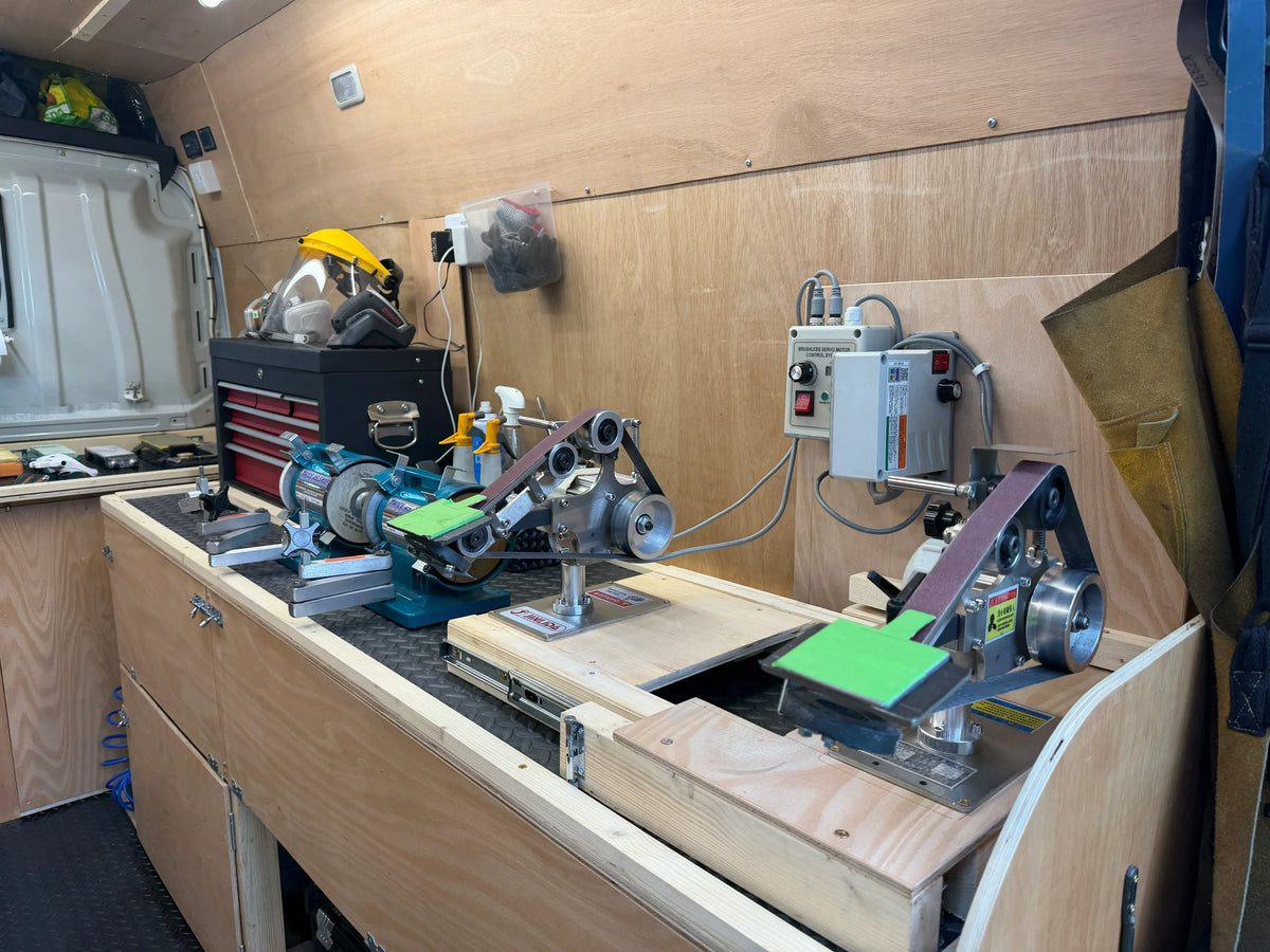 sharpening equipment inside Jon’s mobile sharpening van