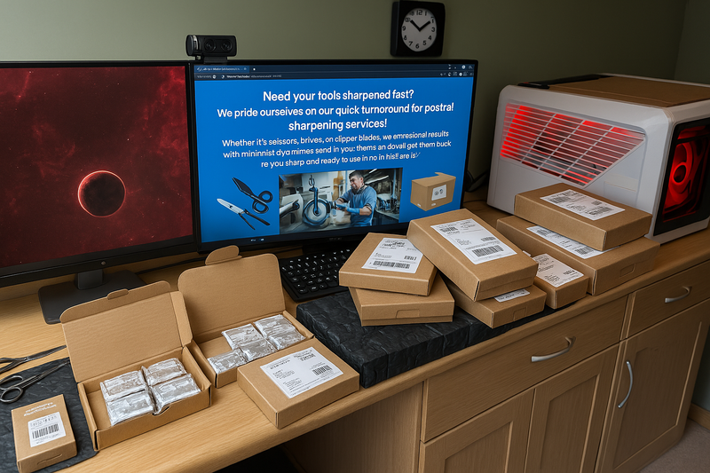 Workstation with computer monitors, boxes, and a clock on a desk.