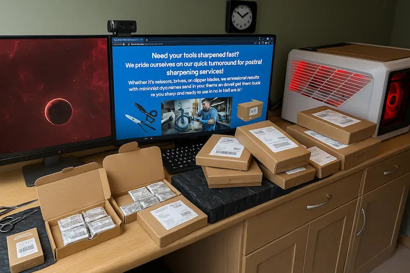 Workstation with computer monitors, boxes, and a clock on a desk.