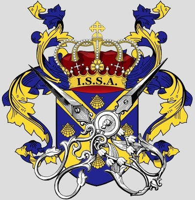 A heraldic coat of arms design featuring a crown above a shield with a blue and yellow saltire cross, the letters 'I.S.S.A