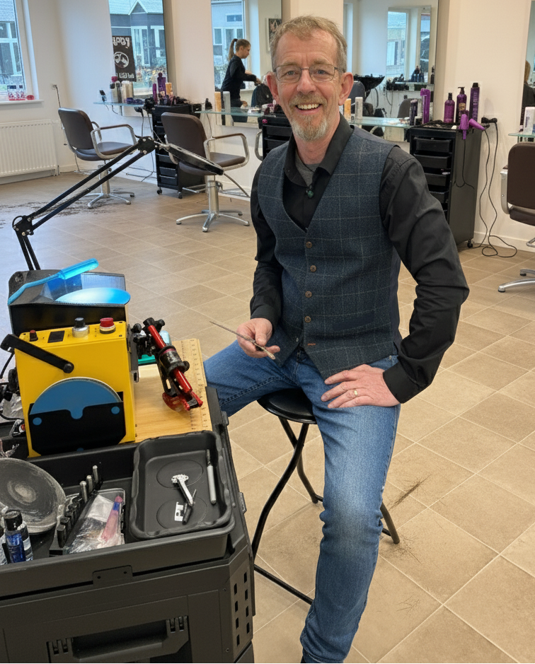 Man in a salon setting with a machine and tools on a table
