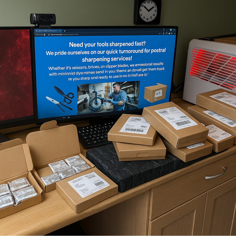 Stack of cardboard boxes with shipping labels on a desk with computer monitors displaying promotional content.