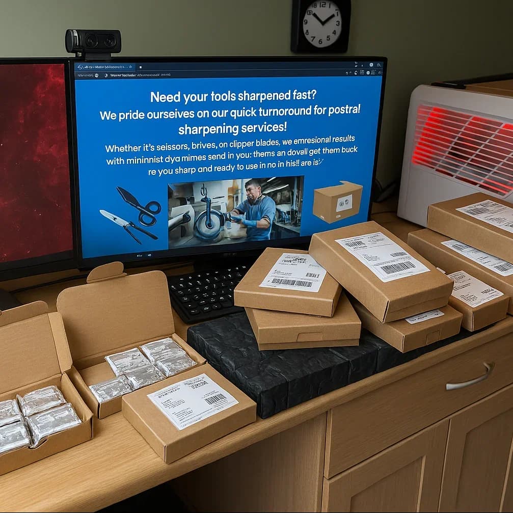A desk with a computer monitor showing a postal sharpening service webpage, surrounded by cardboard boxes containing wrapped tools.