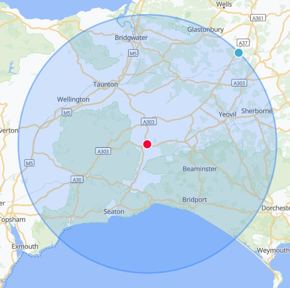 Map of England with a blue circle and red dot indicating a location.