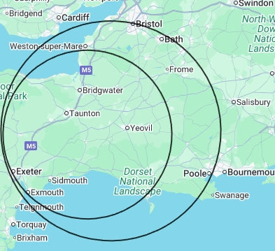 Map of England with concentric circles indicating a radius, likely for a travel or distance context.