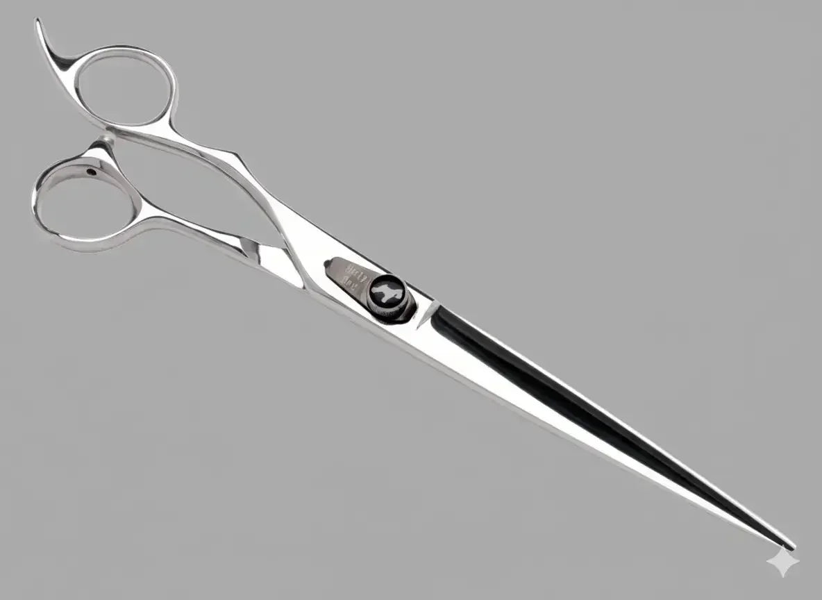 Silver convex hairdressing scissors with ergonomic finger holes on gray background