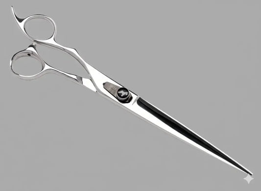 Silver convex hairdressing scissors with ergonomic finger holes on gray background