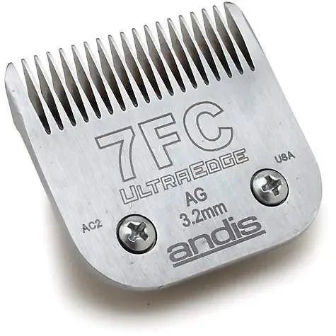 Close-up of Andis 7FC UltraEdge clipper blade, AG 3.2mm, stainless steel pet grooming tool