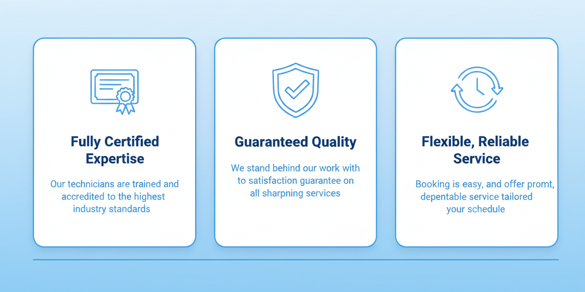 Three white cards with blue text and icons on a light blue background