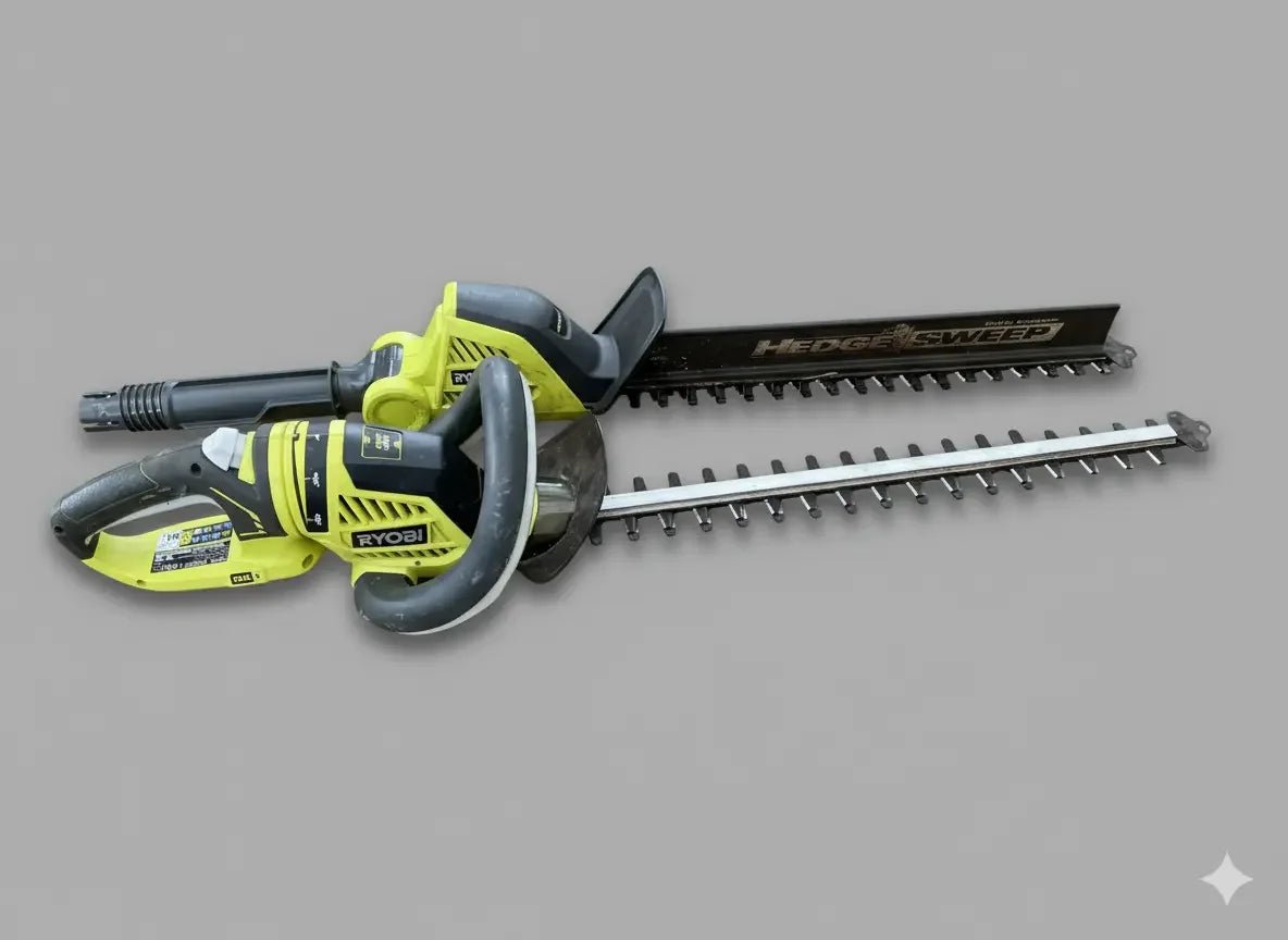 Ryobi electric hedge trimmer with long blade and blade cover on gray background