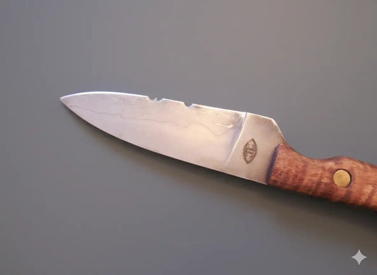 Knife blade with chips and damage near the edge, wooden handle on gray background